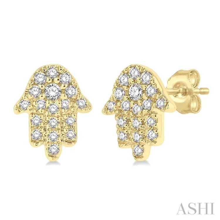 Simple Silver Drop Earrings-1/8 Ctw Hamsa Round cut Diamond Petite Fashion Earring in 10K Yellow Gold