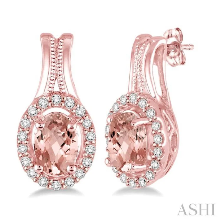 High Fashion Earrings for Women-6x4 MM Oval Shape Morganite and 1/5 Ctw Round Cut Diamond Earrings in 14K Rose Gold