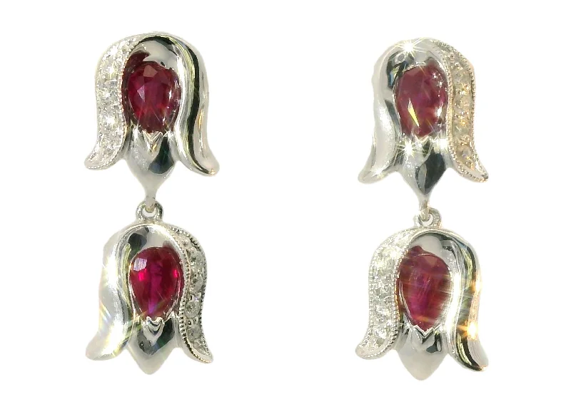 Elegant Stud Earrings for Casual Wear-Elegant Estate 14K White Gold Ruby Diamond Tulip Dangle Earrings