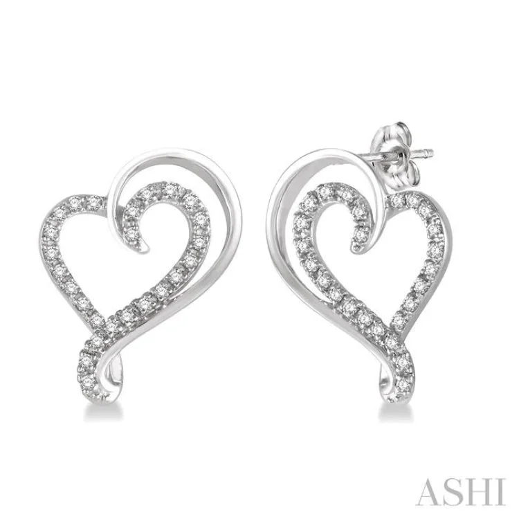 Statement Silver Earrings for Bold Style-1/6 Ctw Split Side Double Heart Round Cut Diamond Earrings in 10K White Gold