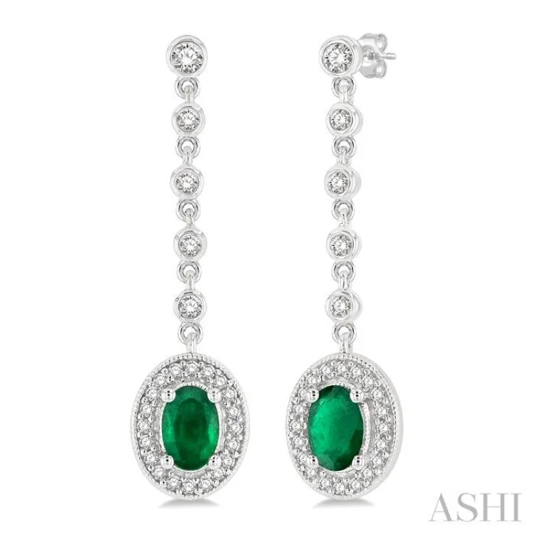 Classic Earrings for Every Occasion-3/8 Ctw Oval Shape 6x4MM Emerald and Round Cut Diamond Drop Earrings in 14K White Gold