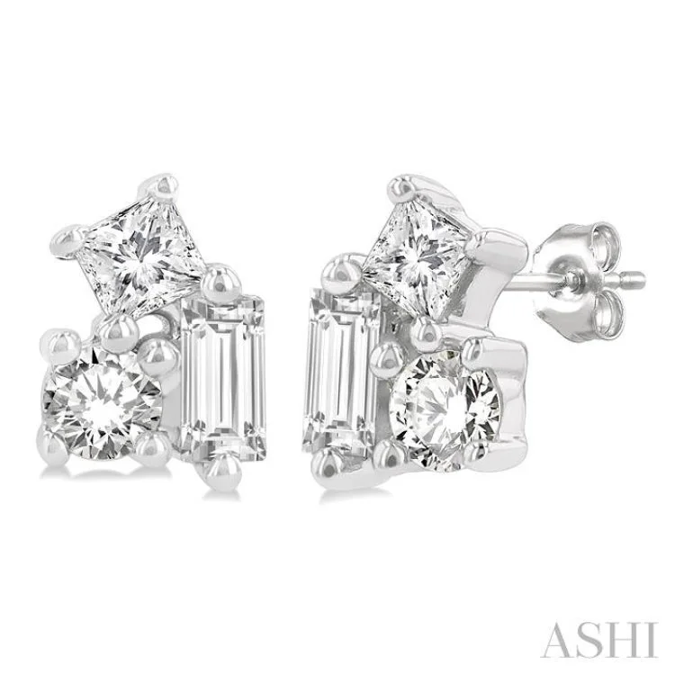 Gorgeous Earrings for Bridesmaids-1/6 ctw Petite Tri-Stone Scatter Princess, Baguette & Round Cut Diamond Fashion Stud Earring in 10K White Gold