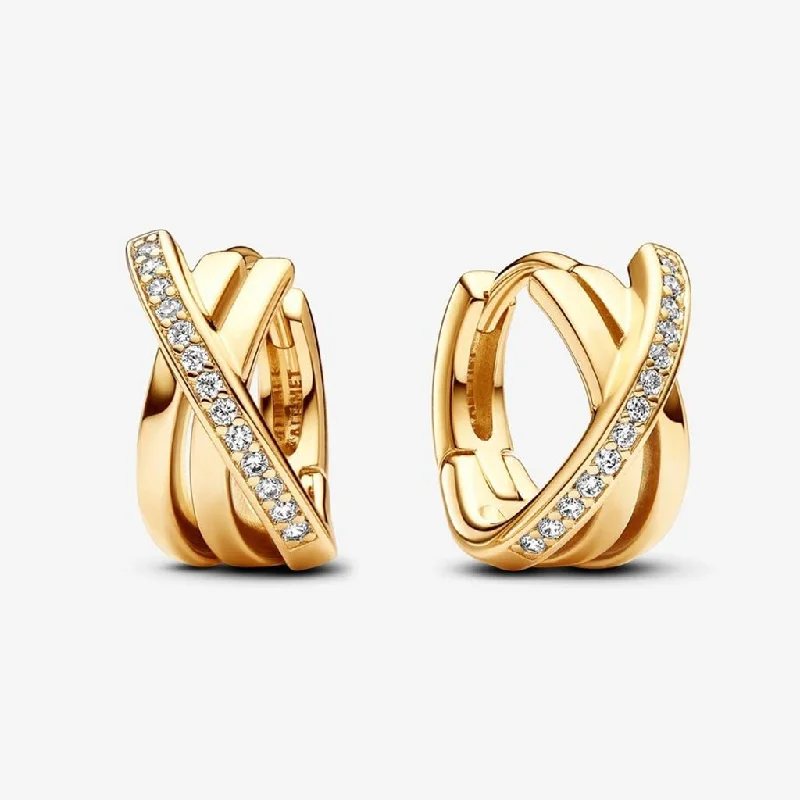 Silver Stud Earrings-PANDORA : Crossover Pavé Hoop Earrings - Gold