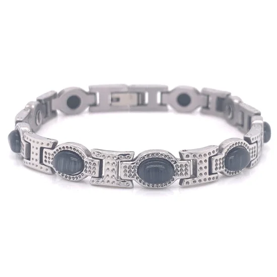 Bohemian Bracelet for Relaxed Style-Stainless Steel Magnetic and Germanium Bracelet with Black Stones / MBL0035