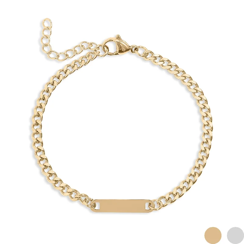 Luxury Gold Bracelet for Special Occasions-18K Gold PVD Stainless Steel Engravable Curb Chain Bar Bracelet / SBB0339