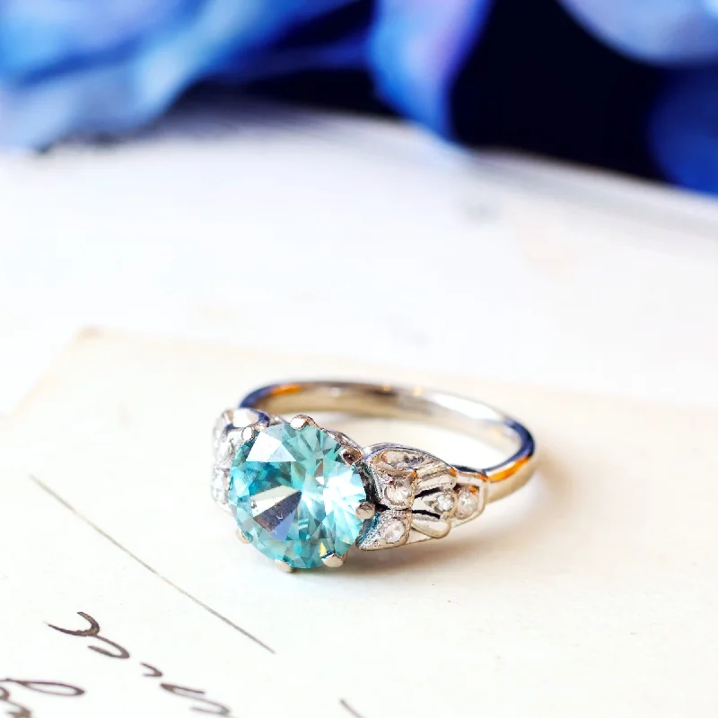 Custom Engagement Ring with Diamonds-Vintage Art Deco Starlight Blue Zircon Ring