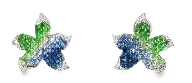 Statement Gold Earrings-18K Designer White Gold Star Fish Starfish Diamond Sapphire Earrings Ring Set