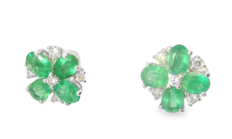 Handcrafted Silver Drop Earrings-Elegant Estate 14K White Gold Emerald Diamond Flower Floral Stud Earrings