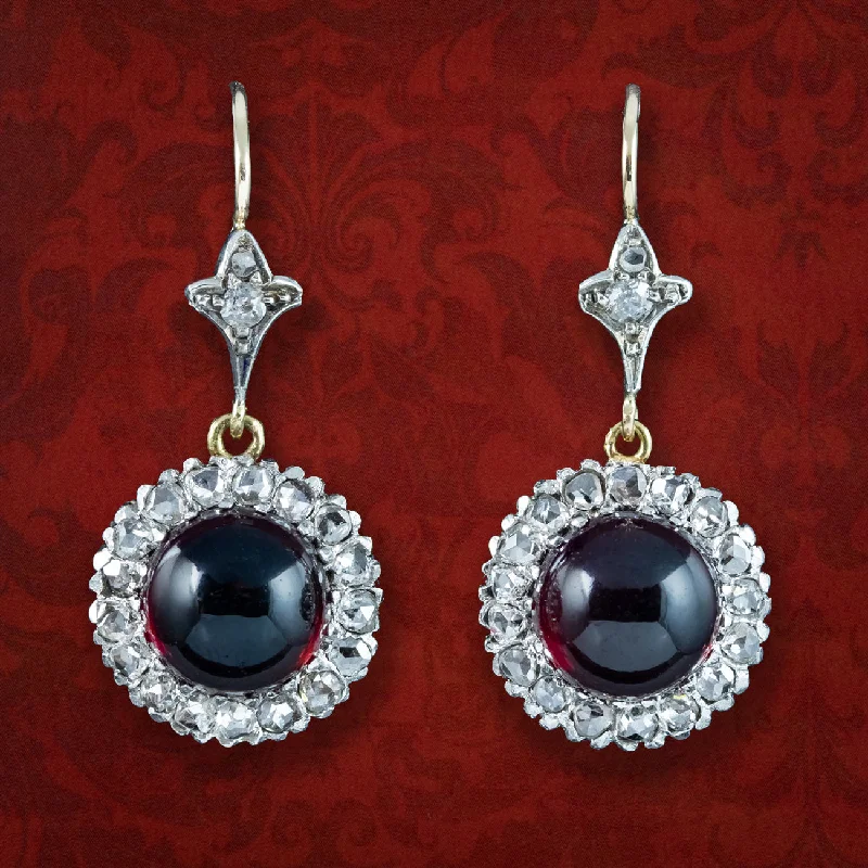 Creative Earrings for Trendy Looks-Antique Edwardian Garnet Diamond Daisy Drop Earrings 15ct Gold