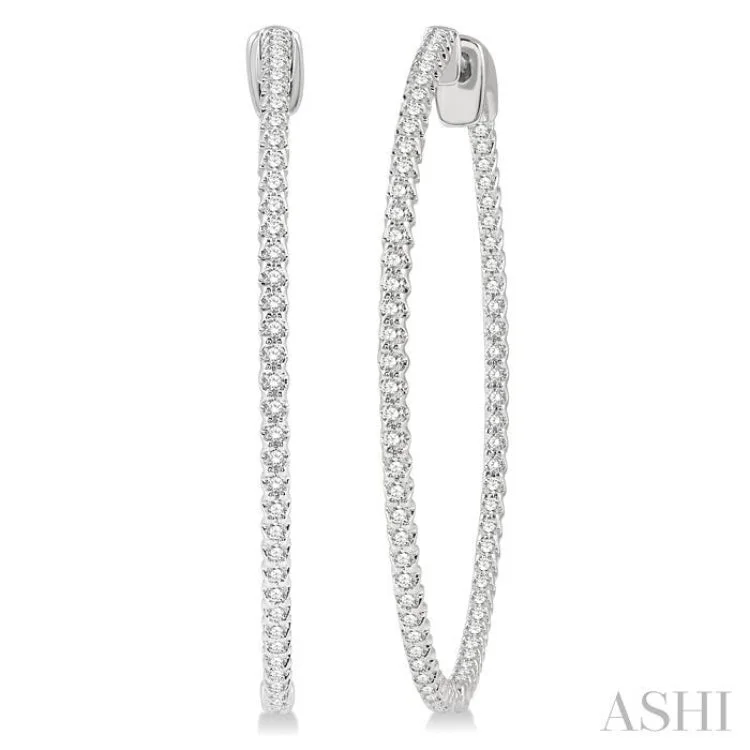 Silver Earrings for Elegant Looks-1 Ctw Inside-Out Round Cut Diamond 1 1/2 Inch Hoop Earrings in 14K White Gold