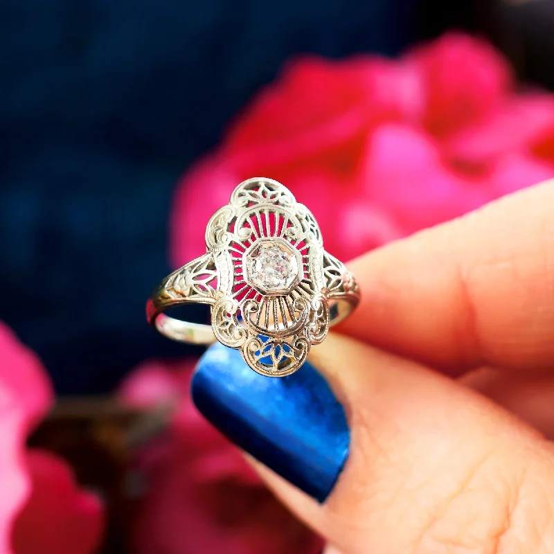 Bold Gemstone Ring for Statement Look-Romantic Blossom Art Deco Filigree Diamond Ring