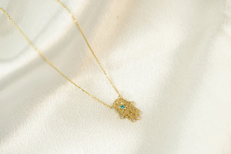 Gold Necklace with Crystal Pendant-14k Hand Necklace