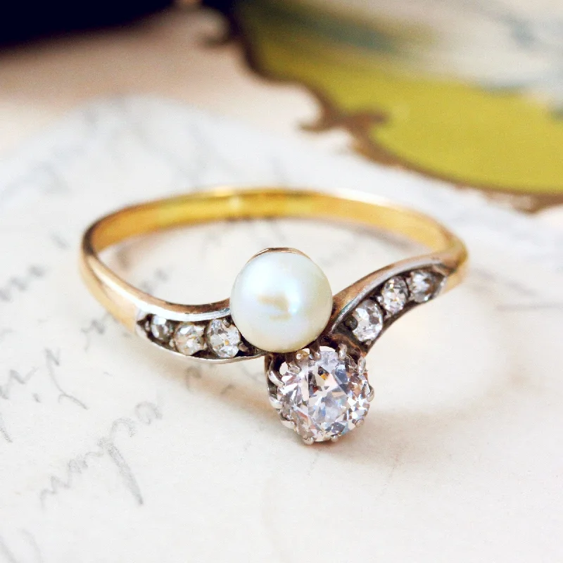 Handcrafted Wedding Ring for Couples-Beauteous Antique Pearl and Diamond Crossover Ring