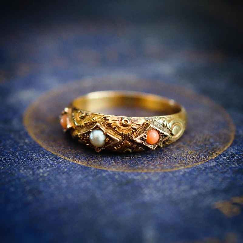 Designer Gold Ring for Engagement-Rare Precious Date 1875 Etruscan Revival Coral & Pearl Ring