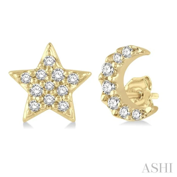 Minimalist Gold Earrings-1/10 Ctw Star & Crescent Mix Round Cut Diamond Petite Fashion Earring in 10K Yellow Gold