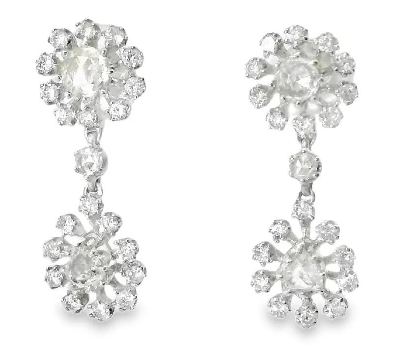 Beautiful Earrings for Evening Parties-Antique 18K White Gold Rose Cut Old Miner Diamond Floral Drop Dangle Earrings