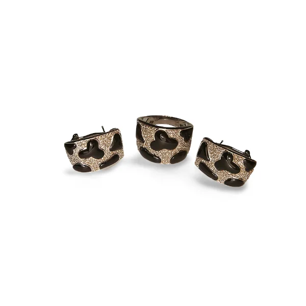 Gold Earrings for Formal Occasions-Stunning 14K White Gold Onyx Diamond Animal Paws Print Earrings Ring Band Set