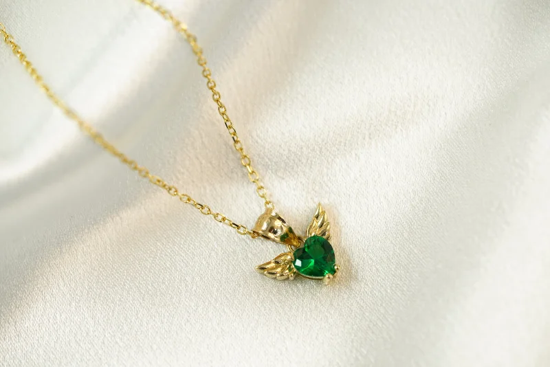 Beautiful Silver Necklace for Bridesmaids-14k Green Heart with Wings Necklace