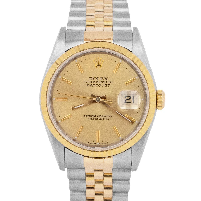 Men's Watches with Multi-Function Features-Rolex DateJust 36mm Champagne Dial NO-HOLES Steel 18K Yellow Gold 16233 Watch