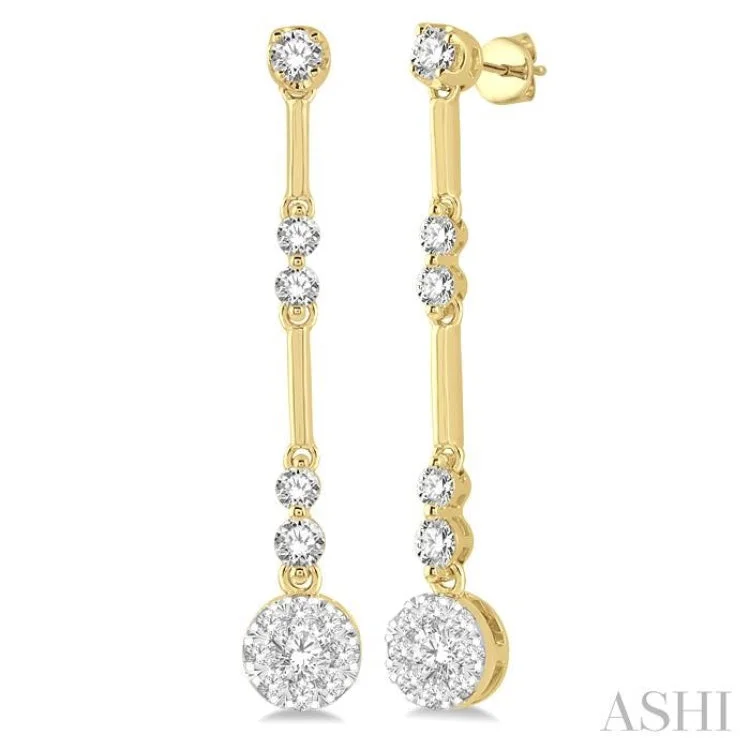 Elegant Earrings for Bridal Parties-3/4 ctw Tri-Section Lovebright Round Cut Diamond Bar Link Earrings in 14K Yellow and White Gold