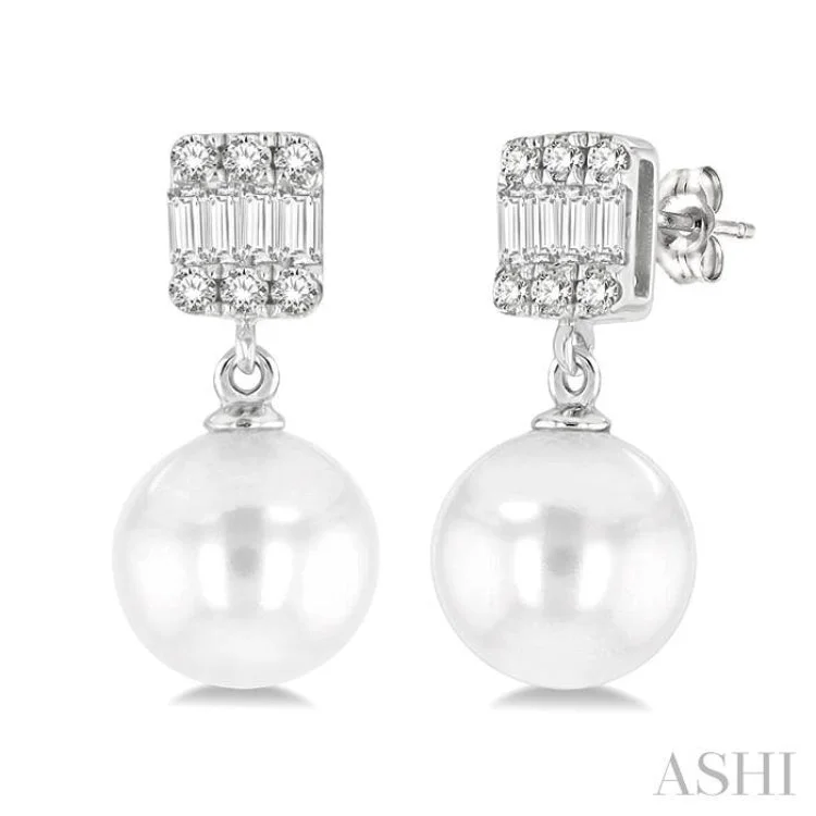 Trendy Earrings for Teens-1/10 ctw 6x6MM Cultured Pearls, Baguette and Round Cut Diamond Earring in 14K White Gold