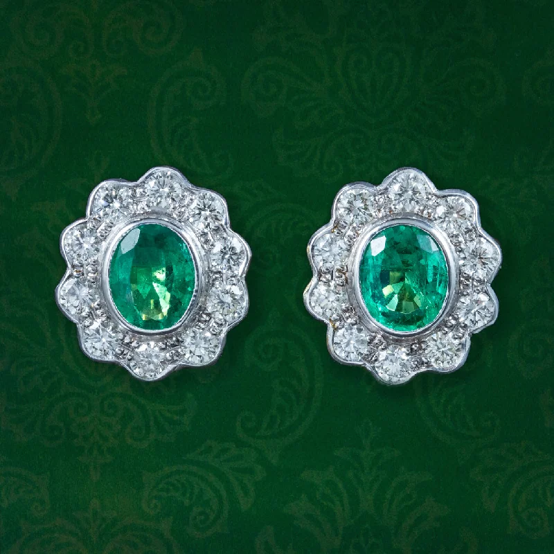 Handmade Earrings for Casual Style-Edwardian Style Emerald Diamond Cluster Earrings 18ct Gold 0.60ct Emeralds