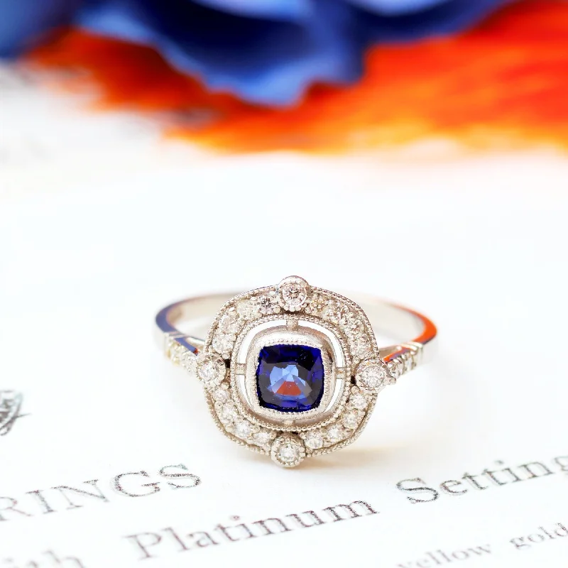 Silver Stackable Ring Set for Fashion-Striking Art Deco Style Sapphire & Diamond Cluster Ring