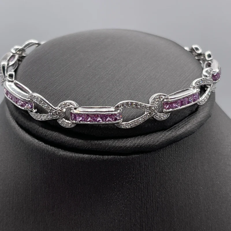 Simple Silver Bangle Bracelet-18 Karat White Gold Diamond & Rose Sapphire Bracelet Pink Sapphire Princess Cuts Diamonds