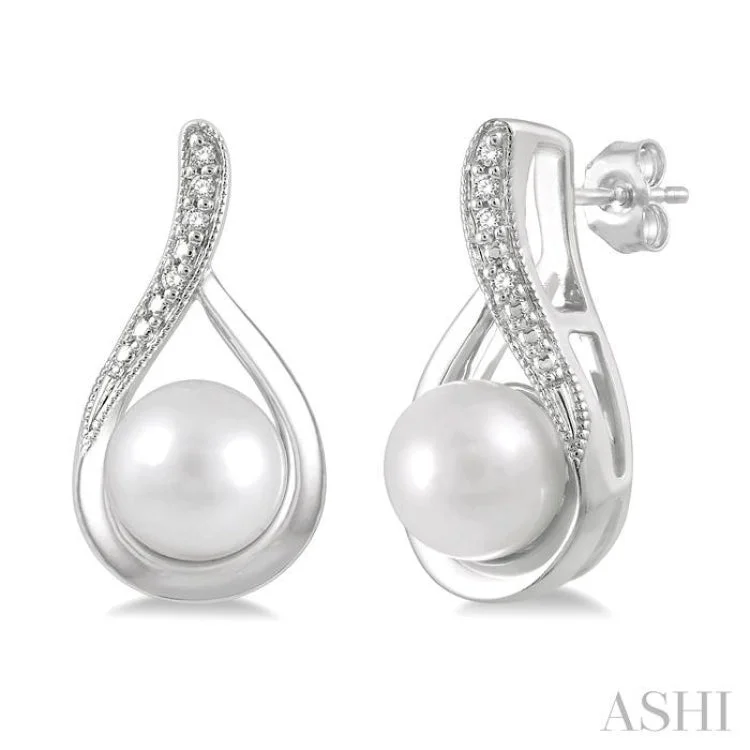 Artistic Drop Earrings for Fashion Lovers-1/50 Ctw Drop Shape Round Cut Diamond & 6x6MM Cultured Pearls Earring in Sterling Silver