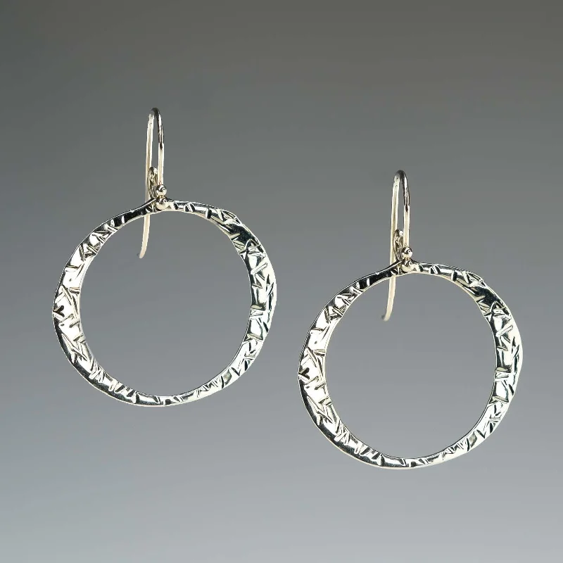 Timeless Earrings for Special Occasions-Crosshatch Texture Open Circle Drop Earrings in 14K White Gold