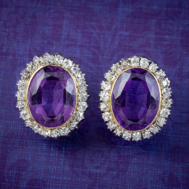 Ethnic Drop Earrings for Festivals-Antique Victorian Amethyst Diamond Clip Earrings 5ct Amethysts