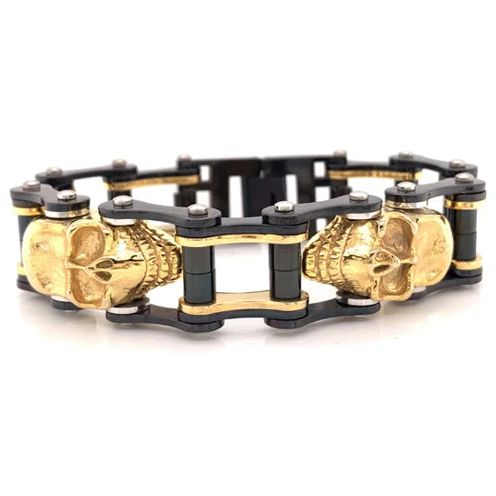 Personalized Gold Bracelet for Special Occasions-Stainless Steel Black And 18K Gold PVD Coated Skull Bracelet / WCB1003