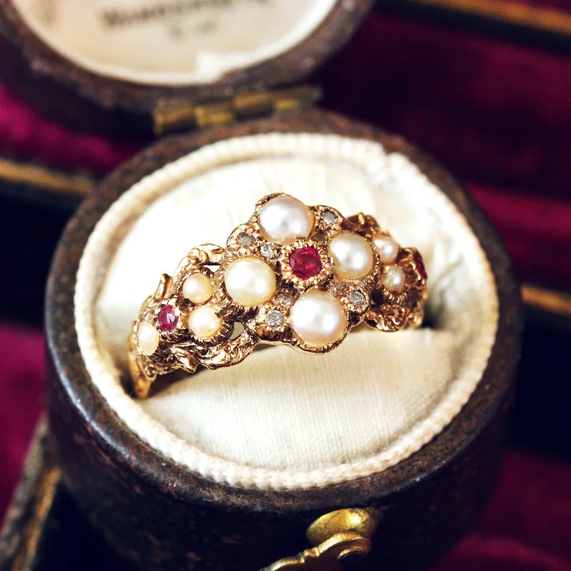 Multi-Gemstone Ring for Fashion Style-Georgian Style Pearl, Ruby & Diamond Ring