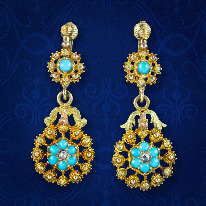 Sparkling Silver Earrings for Women-Antique Georgian Turquoise Diamond Forget Me Not Drop Earrings