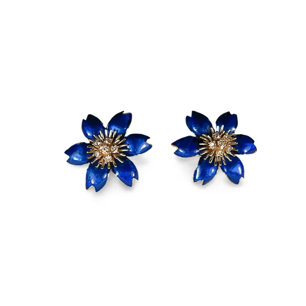 Handmade Hoop Earrings for Women-Magnificnet 18K White Gold Hidalgo Blue Enamel Floral Diamond Jacket Earrings