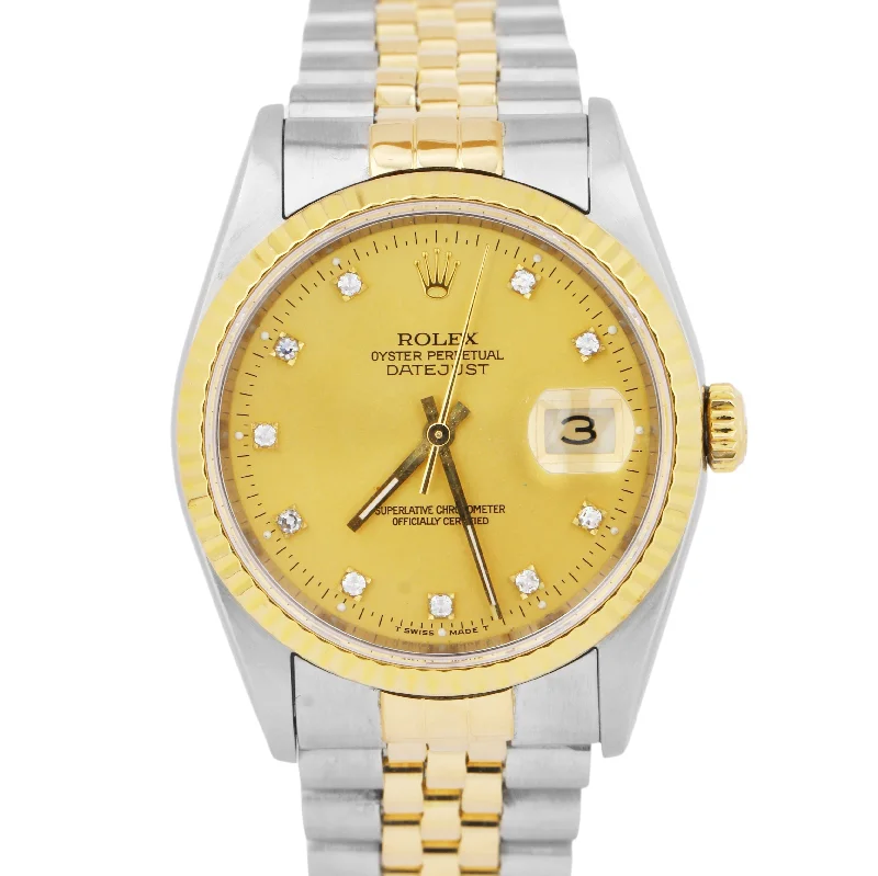 Classic Watches with Leather Strap for Men-Rolex DateJust 36mm 16233 Champagne Diamond Dial 18K Gold Stainless Steel Watch