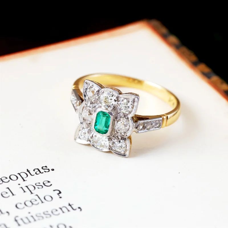 Luxury Gold Ring for Anniversary-Most Desired Vintage Emerald & Diamond Cluster Ring