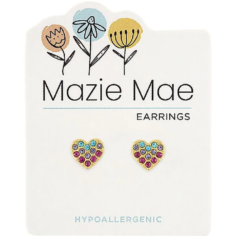 Minimalist Earrings for Every Day-Center Court : Gold Multi-Color CZ Heart Stud Mazie Mae Earrings