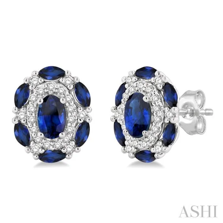 Stylish Statement Earrings-1/5 Ctw 5X3MM Oval and 3X1.5MM Marquise Cut Sapphire & Round Cut Diamond Precious Earring in 14K White Gold