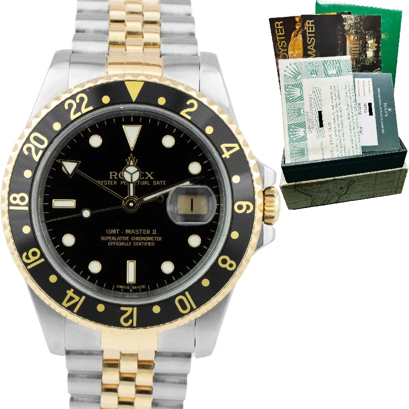 Best Smart Watches for Tracking Fitness-Rolex GMT-Master II Black 40mm Two Tone Gold Steel Jubilee Watch 16713 PAPERS