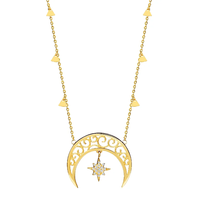 Crystal Pendant Necklace for Special Occasions-Diamond Luna Star Pendant - 14 Karat Gold & Diamonds 0.18ct