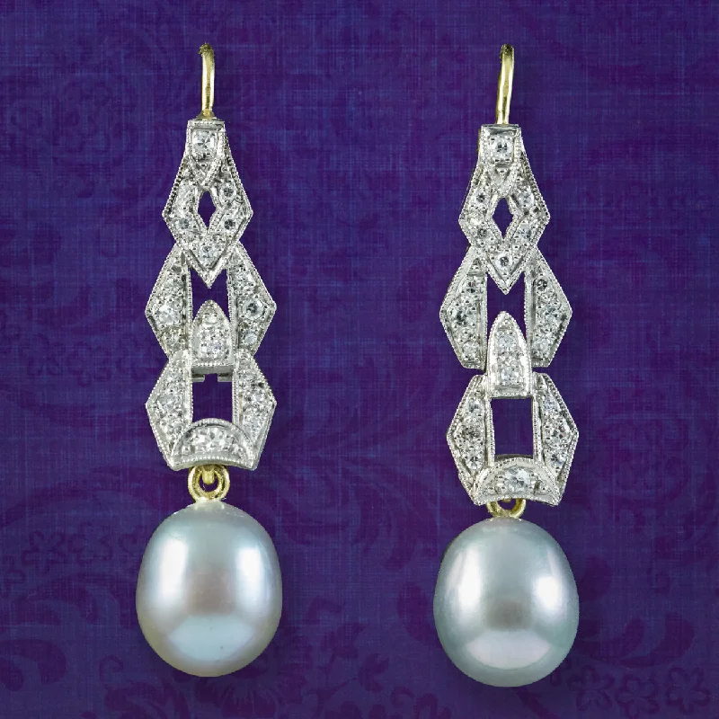 Statement Earrings for Weddings-Art Deco Style Pearl Diamond Drop Earrings Platinum Gold Wires