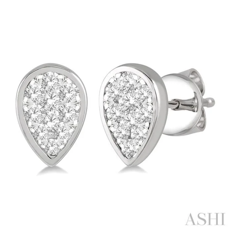 Stunning Earrings for Evening Events-1/2 ctw Pear Shape Lovebright Round Cut Diamond Bezel Stud Earring in 14K White Gold