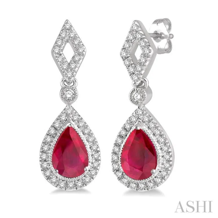 Chic Gemstone Earrings-1/5 Ctw Pear Shape 5x3mm Ruby & Round Cut Diamond Precious Earring in 10K White Gold