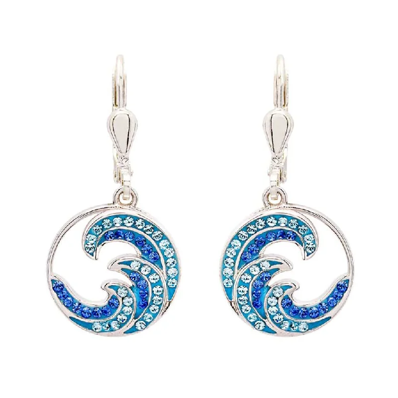 Sparkling Earrings for Special Occasions-Ocean : Sterling Silver Sapphire/Aqua Crystal Wave Drop Earrings