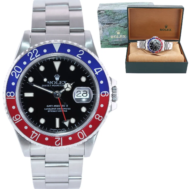 Women's Watches with Adjustable Leather Strap-MINT Rolex GMT-Master II Pepsi Blue Red Steel  16710 40mm Watch Box