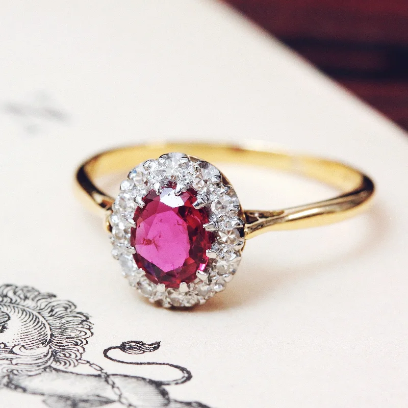 Boho Chic Ring for Casual Wear-Perfect Harmony Vintage Ruby & Diamond Cluster Ring