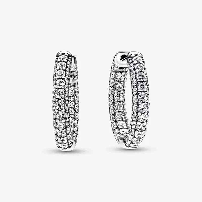 Handcrafted Silver Earrings-PANDORA : Pandora Timeless Pavé Single-row Hoop Earrings - Sterling Silver