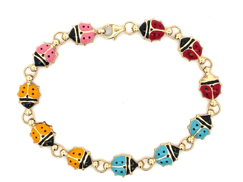 Stylish Cuff Bracelet for Women-Colorful Enamel Ladybug Bracelet in 14k Yellow Gold