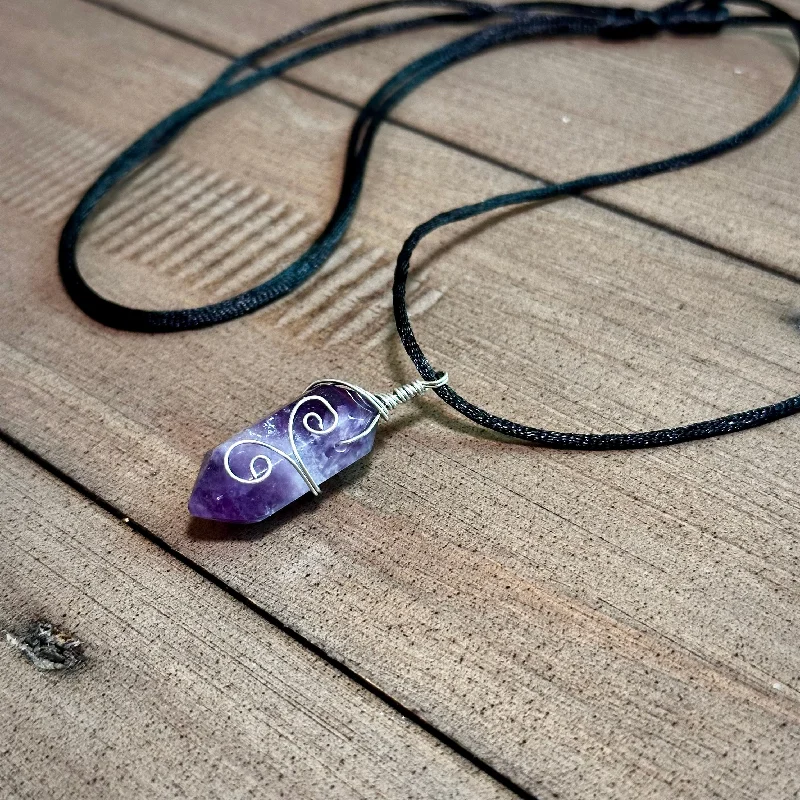 Charm Necklace for Casual Wear-Wire Wrap Amethyst Crystal Point